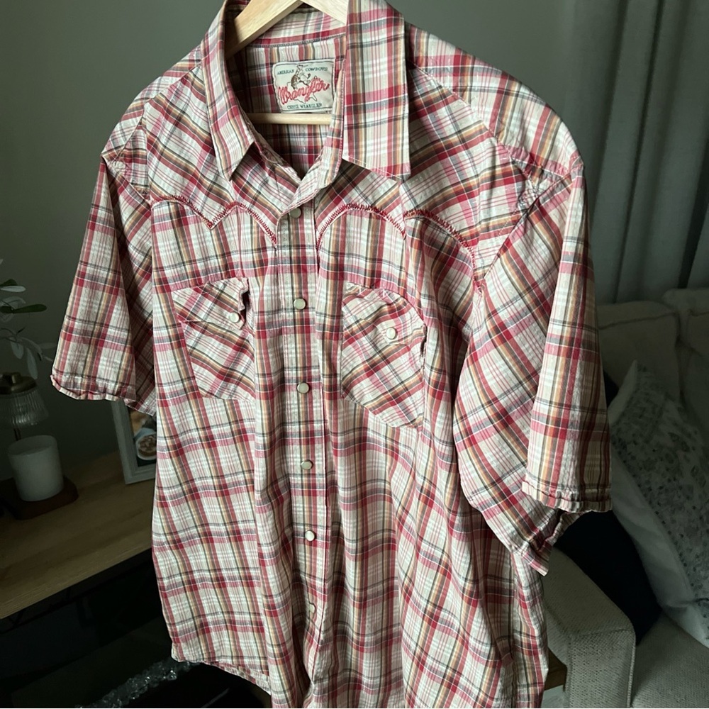 Wrangler Mens Short Sleeve Snap Close Red/white/orange/silver Plaid Shirt Sz XL - Picture 3 of 16